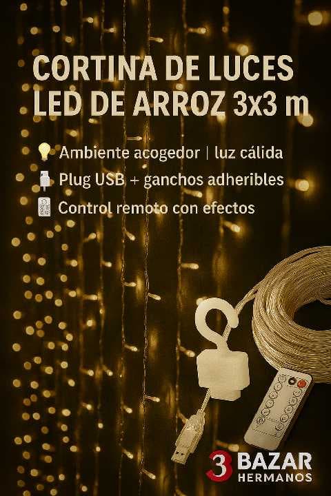 CORTINAS DE 3X3 LED DE ARROZ CON ALAMBRE COLOR CALIDO CON GANCHOS Y CONTROL REMOTO , USB