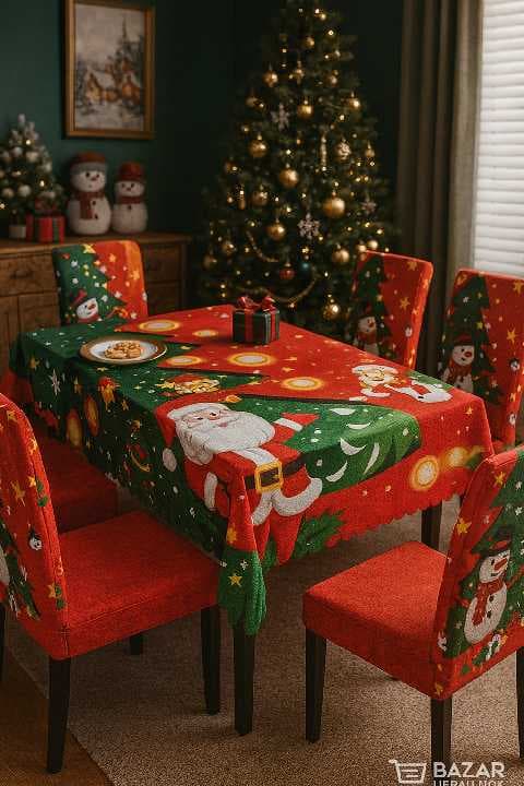 SET DE MANTEL + 6 FUNDAS ELASTICAS NAVIDEÑAS 2