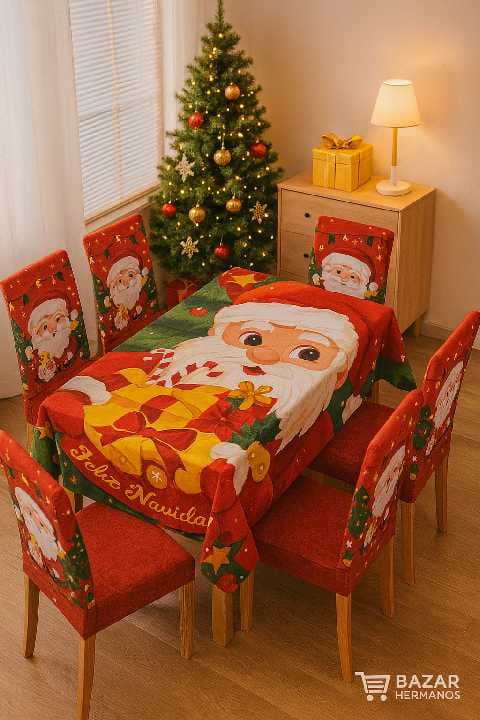 SET DE MANTEL + 6 FUNDAS ELASTICAS NAVIDEÑAS